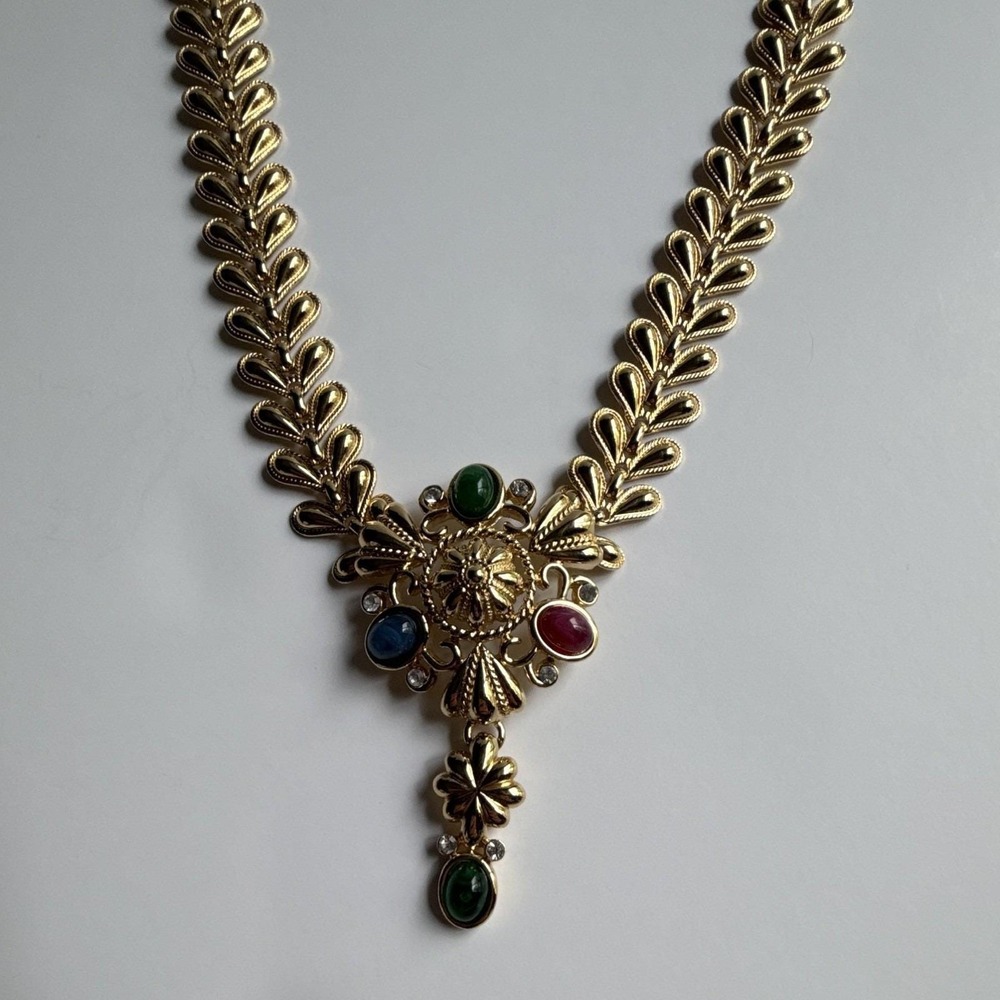 Vintage Trifari TM Signed Moghul Multicolor Cabochon Gold Tone Necklace - Picture 9 of 11
